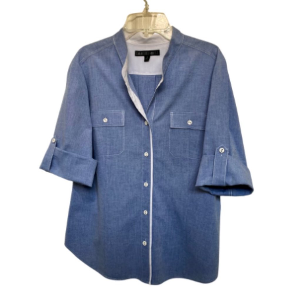 Lafayette 148 New York, Denim Blue, 3/4 Sleeve, Chambray Blouse, Sz 6